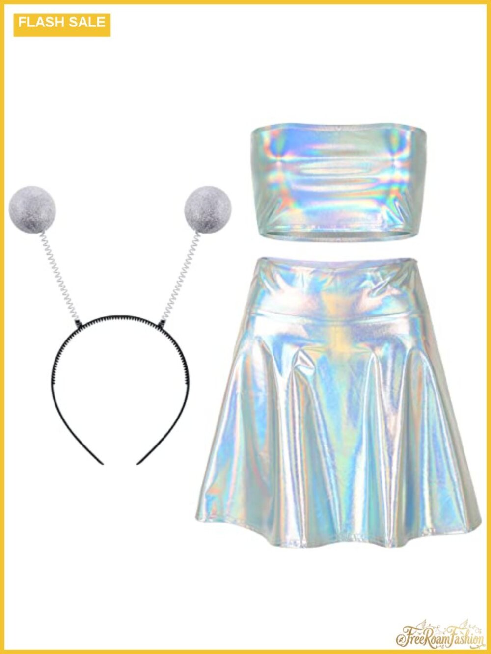 Metallic 3 Pc Skirt Set Pleated Crop Top Costume Cosplay Party